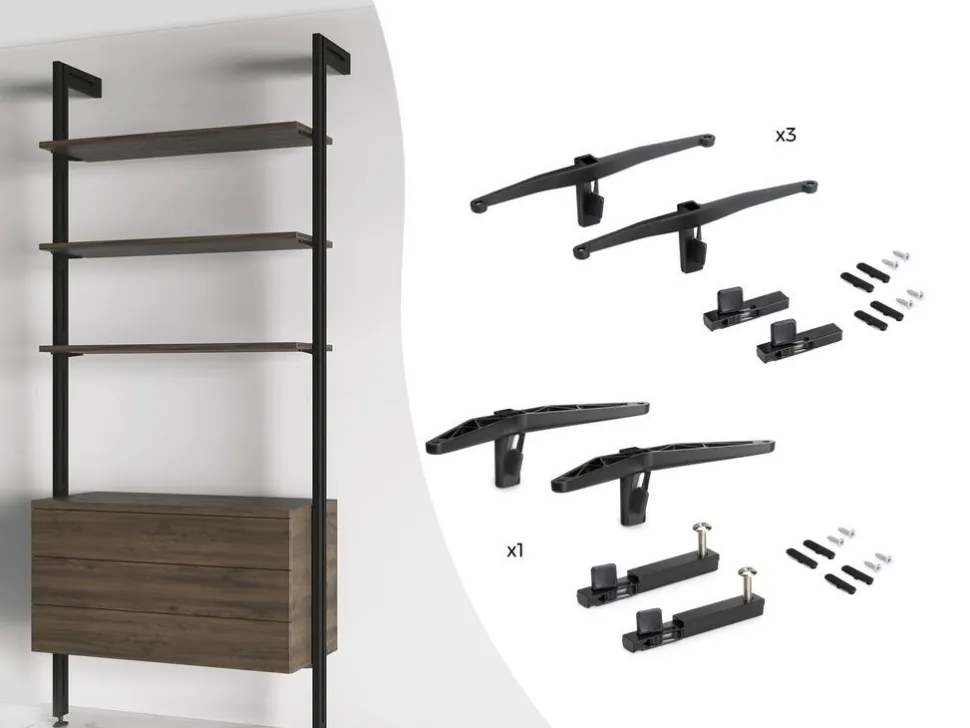 Supporti per 3 ripiani in Legno e 1 modulo per struttura Zero, Zama, Verniciato grigio pietra