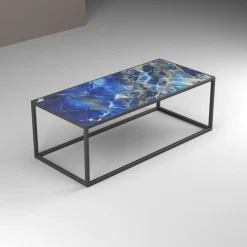 Tavolino basso da salotto con struttura in alluminio e piano in vetro personalizzabile