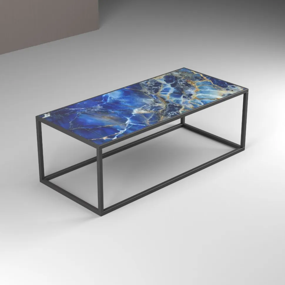 Tavolino basso da salotto con struttura in alluminio e piano in vetro personalizzabile