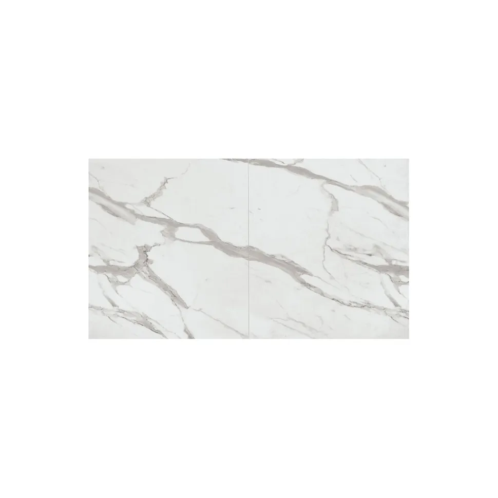 Tavolo allungabile con base a stella in metallo e piano in nobilitato Marmo Bianco Statuario