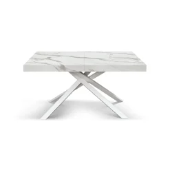 Tavolo allungabile con base a stella in metallo e piano in nobilitato Marmo Bianco Statuario