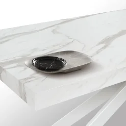Tavolo allungabile con base a stella in metallo e piano in nobilitato Marmo Bianco Statuario