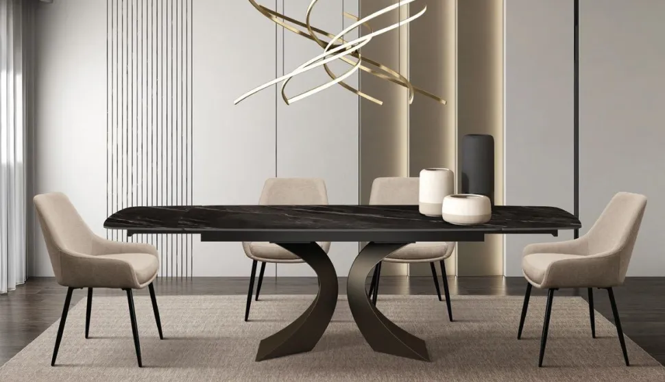 Tavolo Allungabile con base Bronzo e piano in Ceramica Marmo Nero Opaco