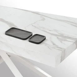 Tavolo allungabile con base incrociata in metallo e Piano in nobilitato effetto Marmo Bianco Statuario