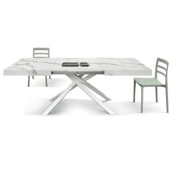 Tavolo allungabile con base incrociata in metallo e Piano in nobilitato effetto Marmo Bianco Statuario