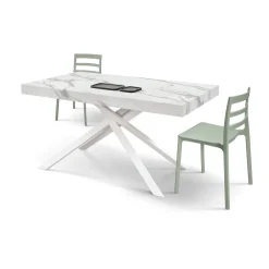 Tavolo allungabile con base incrociata in metallo e Piano in nobilitato effetto Marmo Bianco Statuario