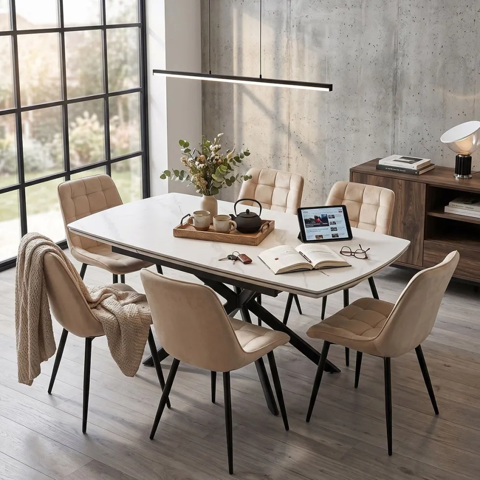Tavolo Allungabile con base Metallo arrotondata e piano Ceramica Bianco Statuario in 2 misure