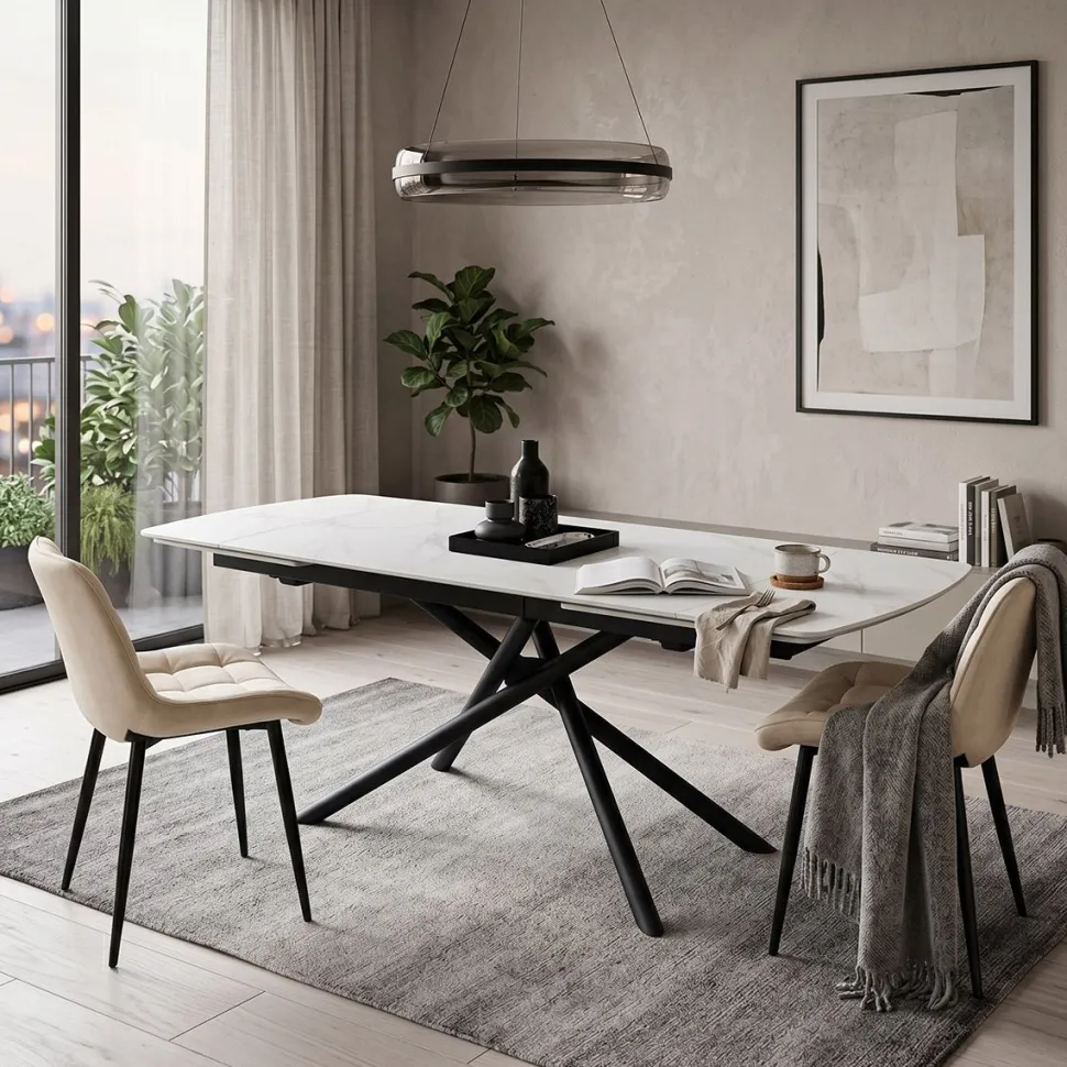 Tavolo Allungabile con base Metallo arrotondata e piano Ceramica Bianco Statuario in 2 misure