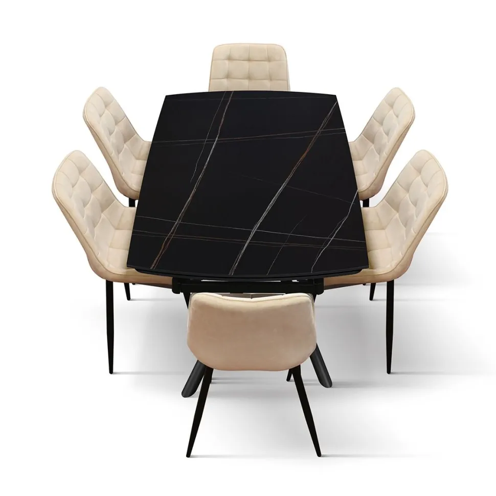 Tavolo Allungabile con base Metallo arrotondata e piano Ceramica Nero Opaco in 2 misure