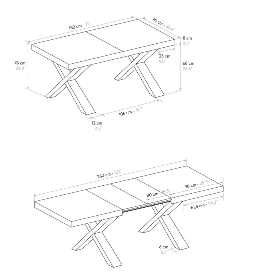 Tavolo allungabile con gambe incrociate Isaak finitura Olmo Perla disponibile in 2 misure