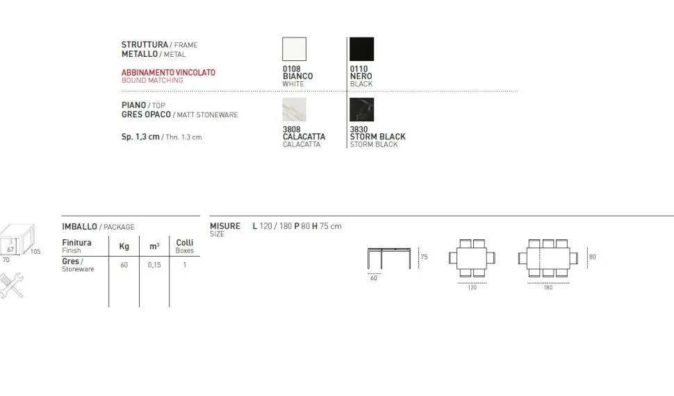 Tavolo allungabile con piano rettangolare in gres porcellanato Perigeo in finitura STORM BLACK L 120