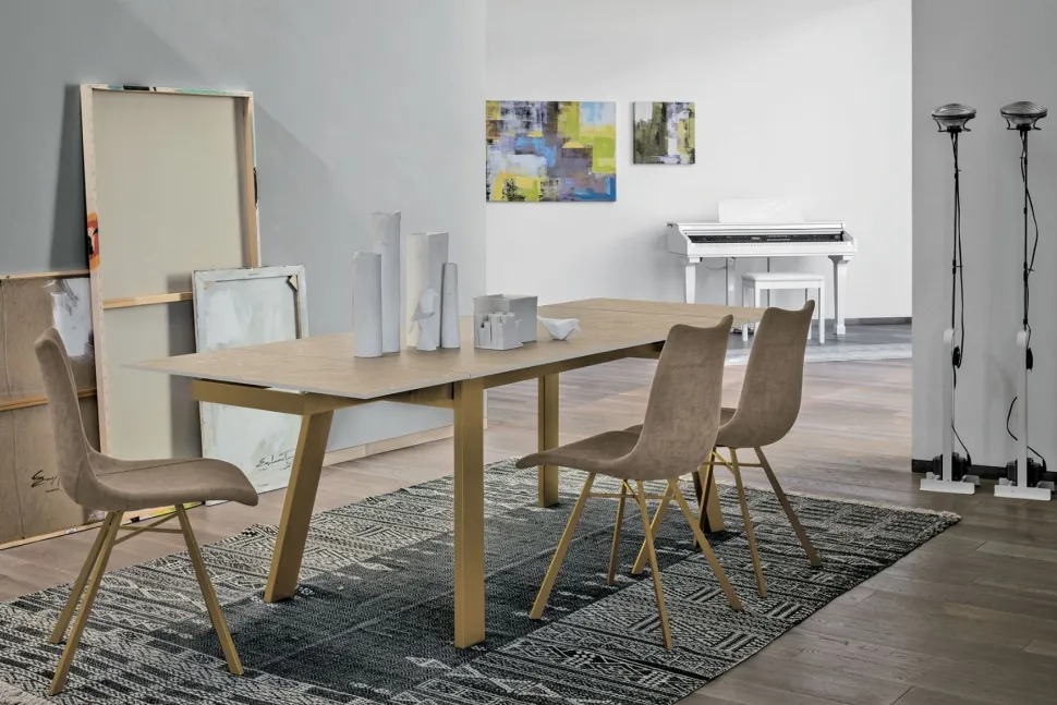 Tavolo allungabile con struttura in metallo e piano in gres porcellanato Giove in finitura Fiordibosco L 160