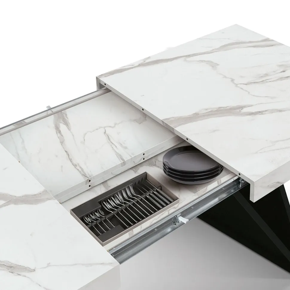 Tavolo allungabile da 160 a 240 cm con base Nera e Piano in nobilitato effetto Marmo Bianco Statuario