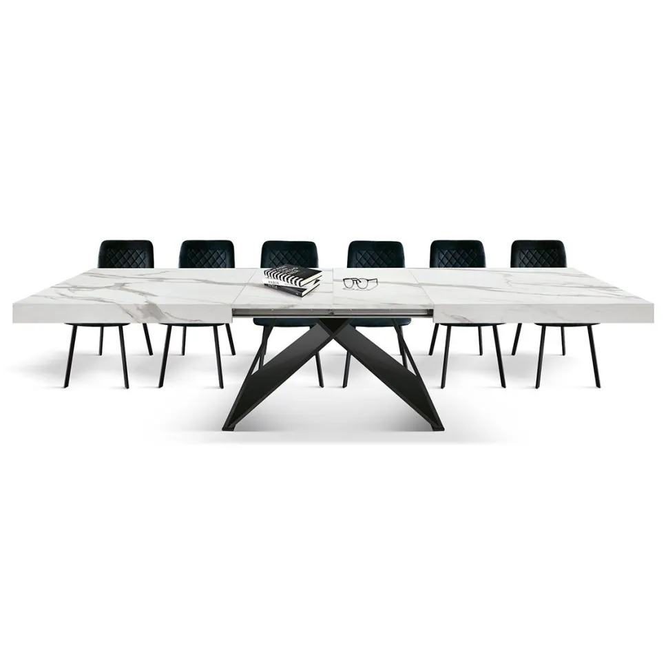 Tavolo allungabile da 160 a 240 cm con base Nera e Piano in nobilitato effetto Marmo Bianco Statuario