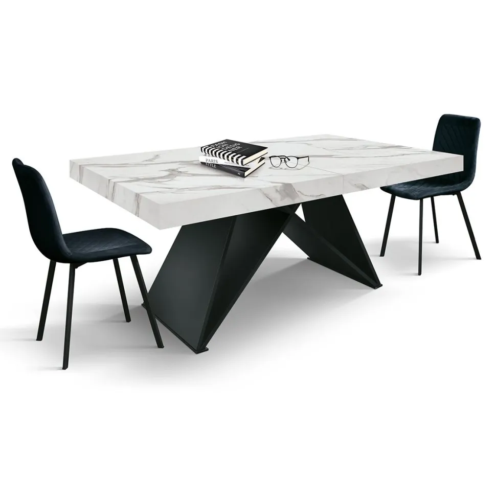 Tavolo allungabile da 160 a 240 cm con base Nera e Piano in nobilitato effetto Marmo Bianco Statuario