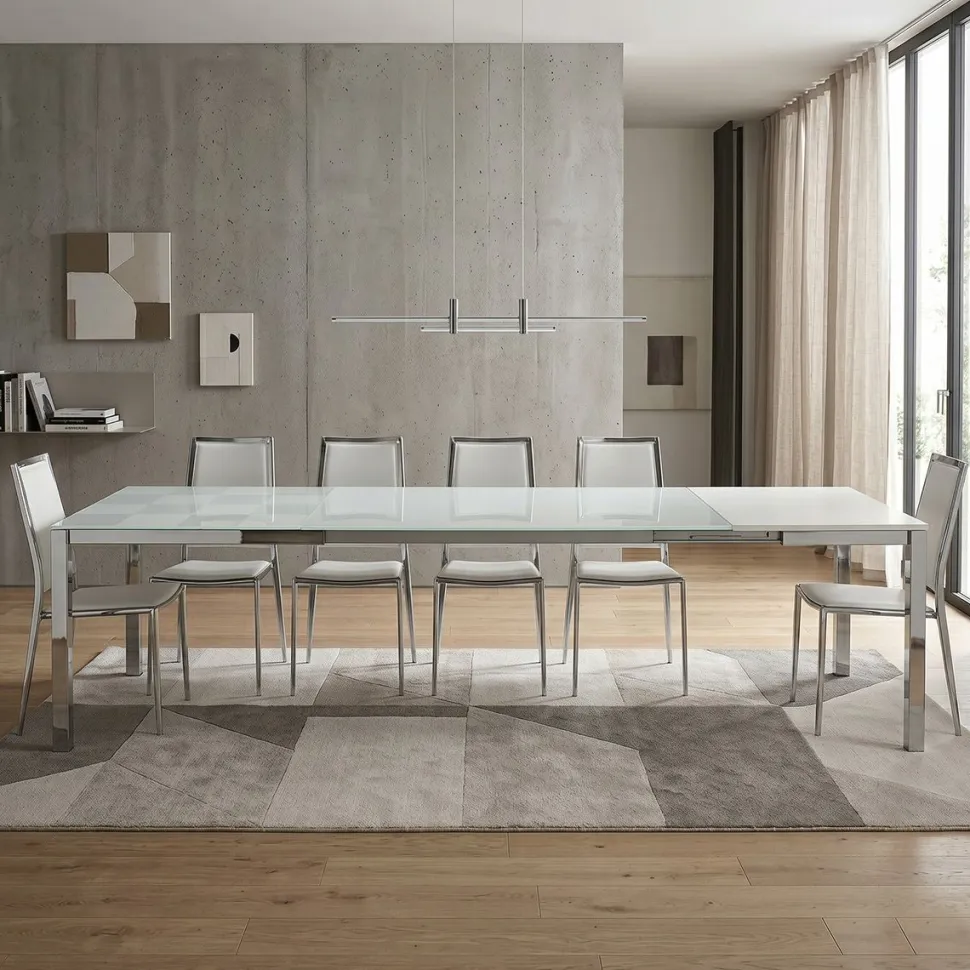 Tavolo Allungabile Moderno Crystal in Vetro Bianco e Struttura in Ferro Cromato