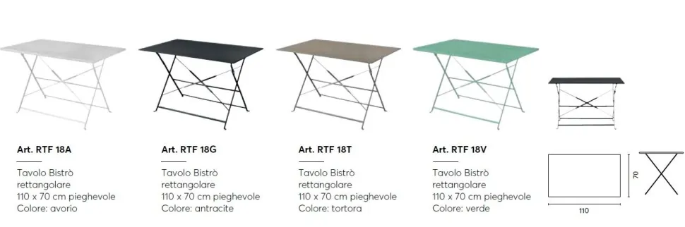 Tavolo Bistrò Rettangolare 110x70 cm Pieghevole in Ferro disponibile in 4 colori