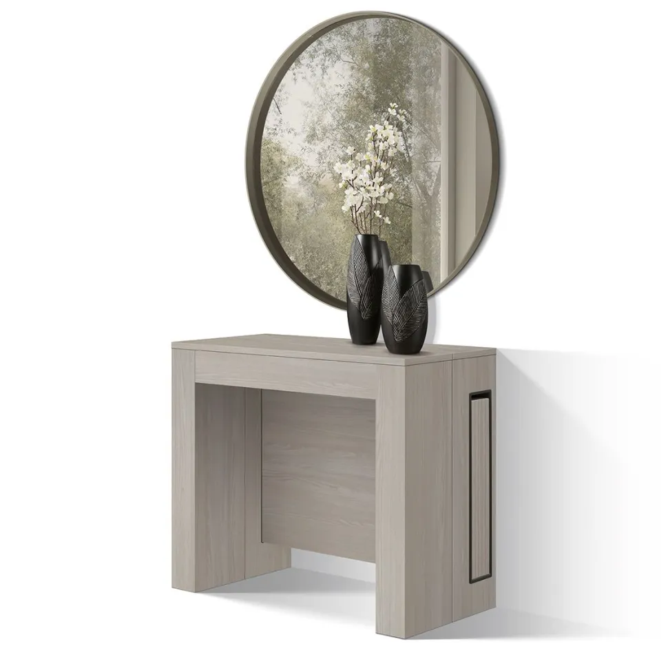 Tavolo Consolle allungabile in nobilitato con vano porta allunghe Olmo Perla modello Flame fino a 3 metri