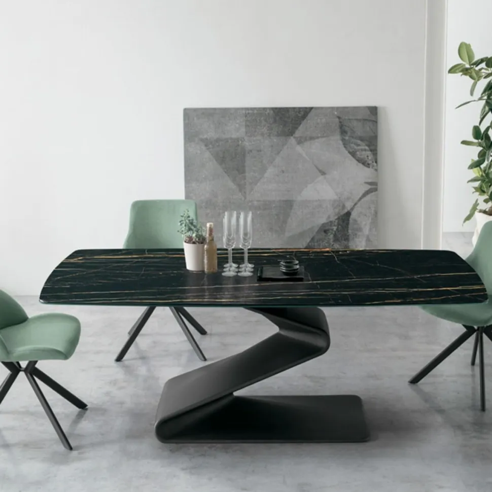 Tavolo fisso con piano a botticella in vetro o gres Zed disponibile in vari colori