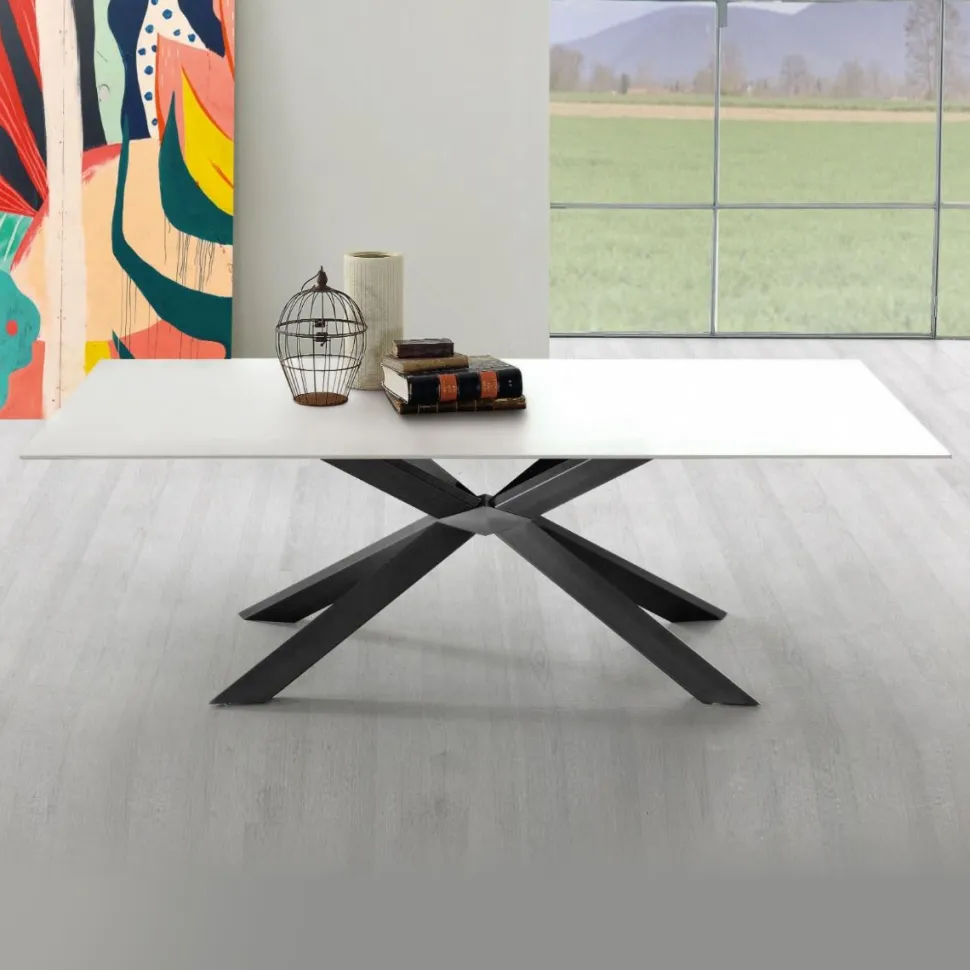 Tavolo Mikado Eurosedia fisso 160x90 struttura in metallo e piana in vetro bianco