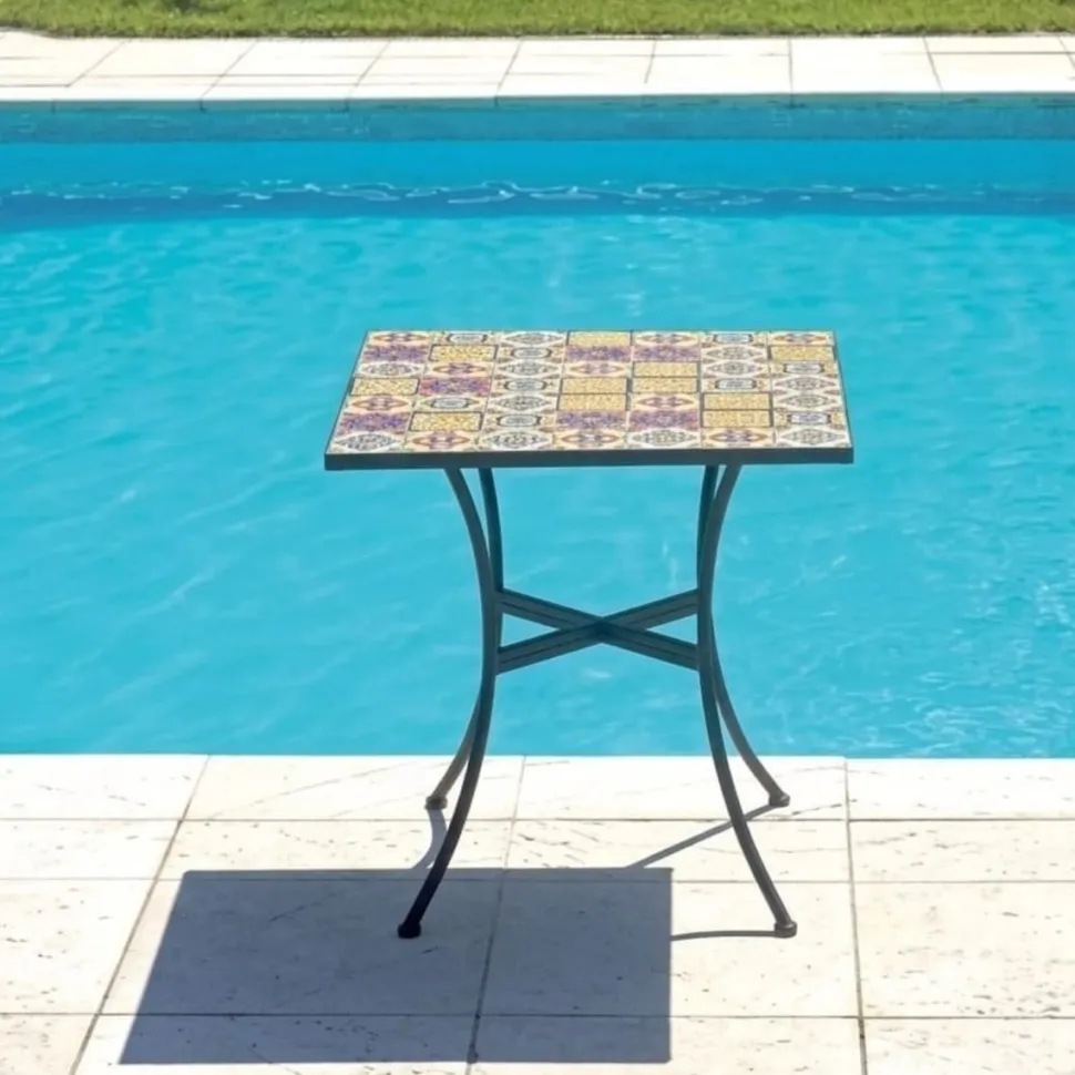 Tavolo Quadrato Mosaico Maiolica 70x70 cm in Ferro Nero Epoxy