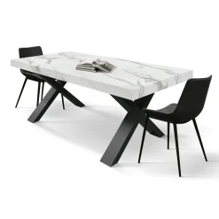 Tavolo rettangolare allungabile con base a X in MDF e piano Nobilitato Marmo Bianco Statuario