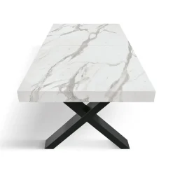 Tavolo rettangolare allungabile con base a X in MDF e piano Nobilitato Marmo Bianco Statuario