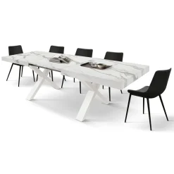 Tavolo rettangolare allungabile con base a X in MDF e piano Nobilitato Marmo Bianco Statuario