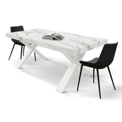 Tavolo rettangolare allungabile con base a X in MDF e piano Nobilitato Marmo Bianco Statuario