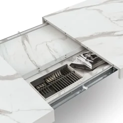 Tavolo rettangolare allungabile con base a X in MDF e piano Nobilitato Marmo Bianco Statuario