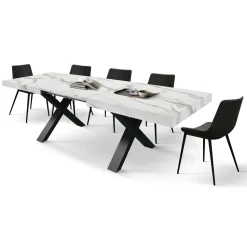 Tavolo rettangolare allungabile con base a X in MDF e piano Nobilitato Marmo Bianco Statuario
