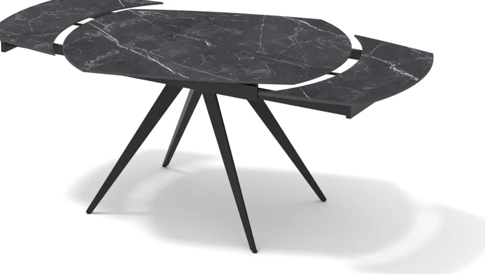Tavolo Rotante Allungabile con base metallo Nero e piano Ceramica Marmo Nero Opaco modello Titan