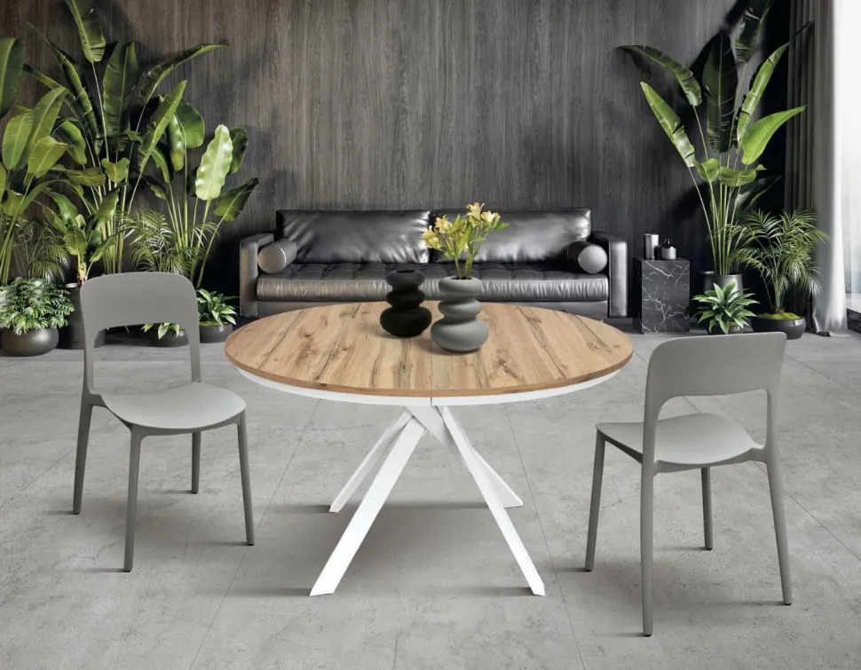 Tavolo rotondo allungabile con piano in nobilitato finitura Rovere rustico Roxy