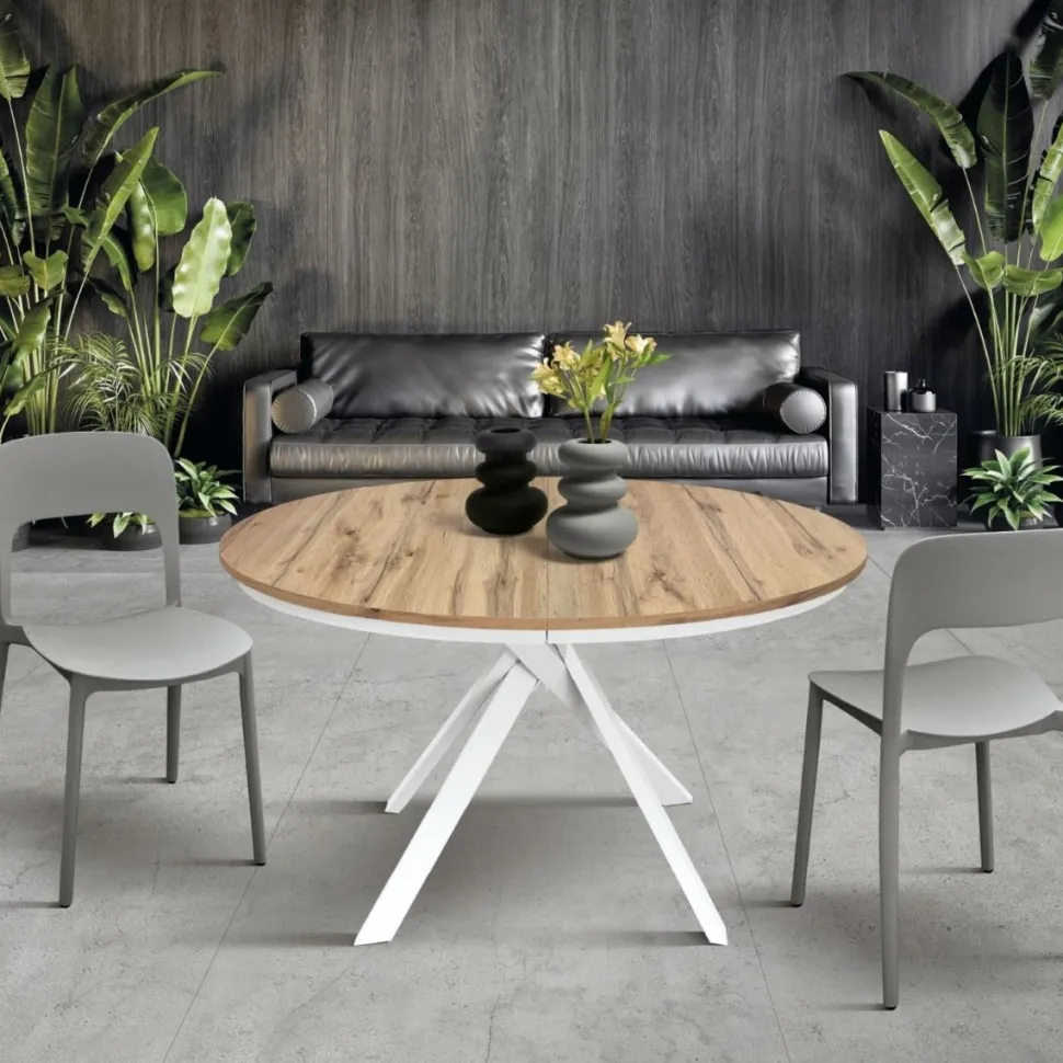 Tavolo rotondo allungabile con piano in nobilitato finitura Rovere rustico Roxy