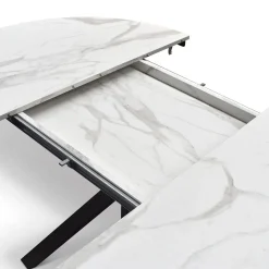 Tavolo rotondo allungabile con base in metallo Nero e Piano Nobilitato Marmo Bianco Statuario