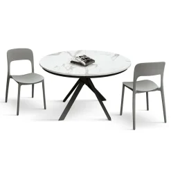 Tavolo rotondo allungabile con base in metallo Nero e Piano Nobilitato Marmo Bianco Statuario