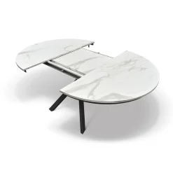 Tavolo rotondo allungabile con base in metallo Nero e Piano Nobilitato Marmo Bianco Statuario
