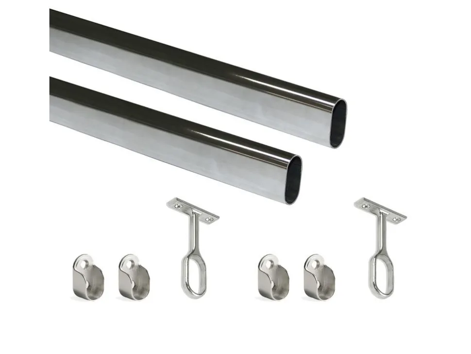 Tubi ovali per armadi 30x15mm con staffe, Acciaio e Zama, Cromato lucido disponibile in 3 misure