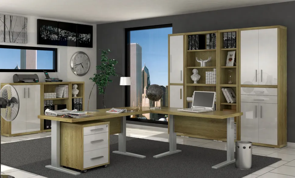 Ufficio completo in finitura Rovere Bordeaux e Bianco Laccato