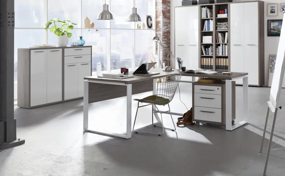 Ufficio completo in finitura Rovere Gessato e Bianco Laccato