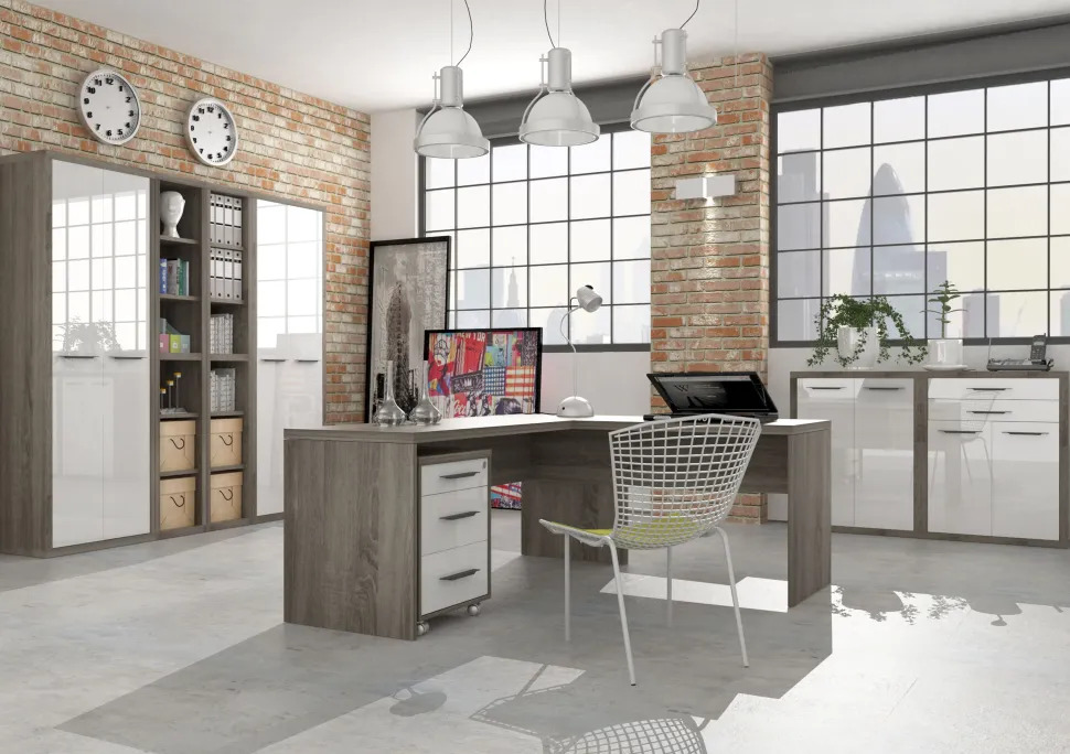 Ufficio completo in finitura Rovere Tartufo e Bianco Laccato