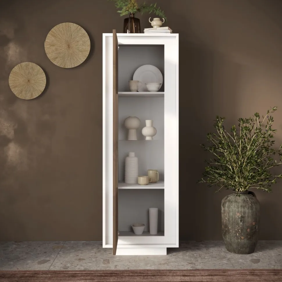 Vetrina 1 anta battente linea Pear in finitura Bianco opaco e Rovere Mercure