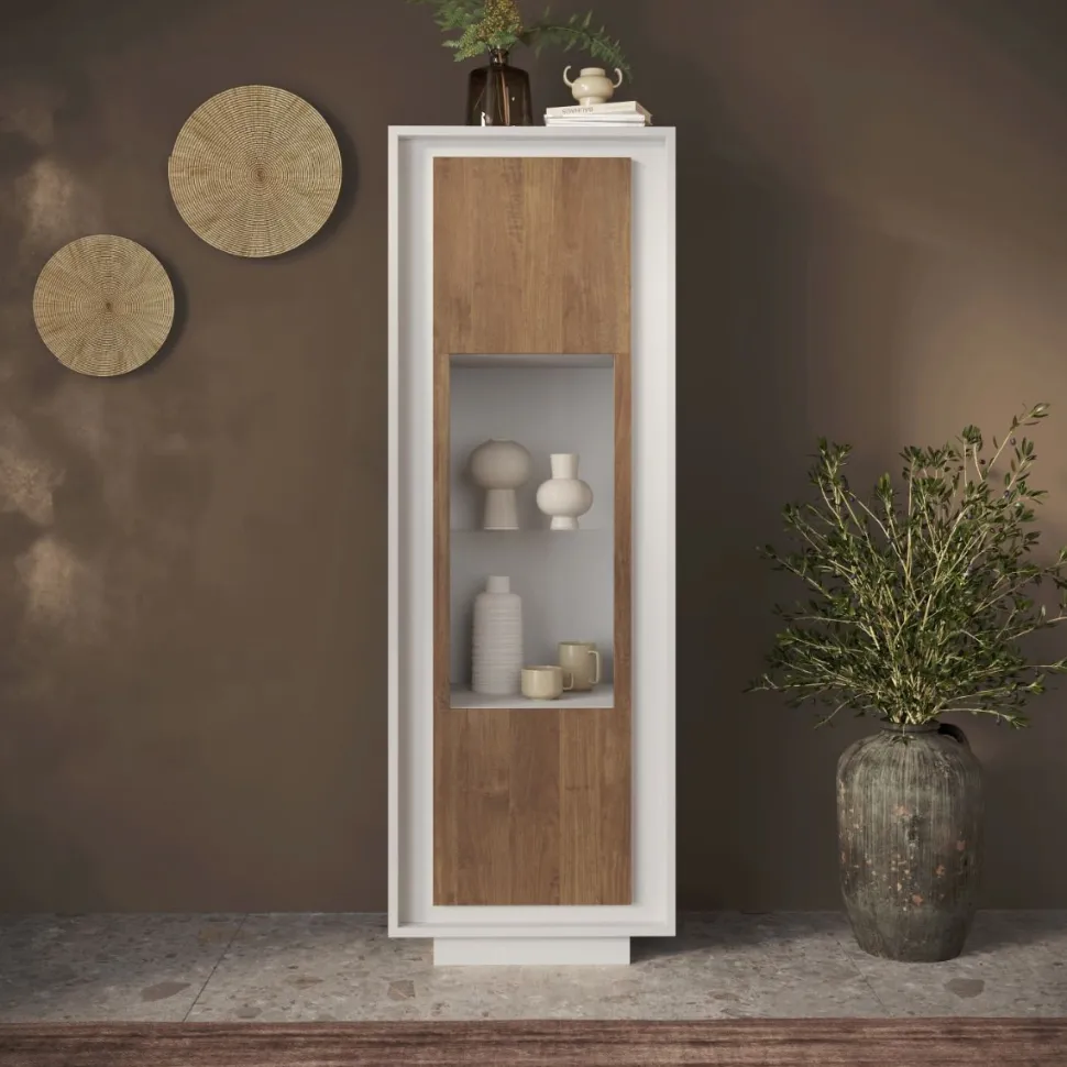 Vetrina 1 anta battente linea Pear in finitura Bianco opaco e Rovere Mercure