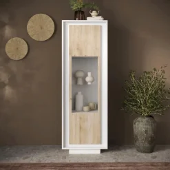 Vetrina 1 anta battente linea Pear in finitura Bianco opaco e Rovere Cadiz