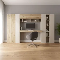 Zona studio con scrivania sospesa e armadi contenitori in Cashmere e Rovere Cadiz
