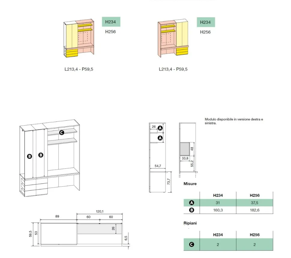 Zona studio moderna con armadio 2 ante, scrivania e mensole in Bianco Opaco, Noce Biondo e Grigio Seta disponibile in 2 misure