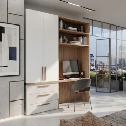 Zona studio moderna con armadio 2 ante, scrivania e mensole in Bianco Opaco, Noce Biondo e Grigio Seta disponibile in 2 misure