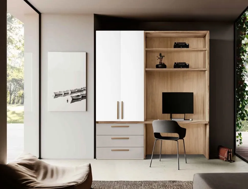 Zona studio moderna con armadio 2 ante, scrivania e mensole in Bianco Opaco, Noce Biondo e Grigio Seta disponibile in 2 misure