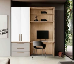 Zona studio moderna con armadio 2 ante, scrivania e mensole in Bianco Opaco, Noce Biondo e Grigio Seta disponibile in 2 misure