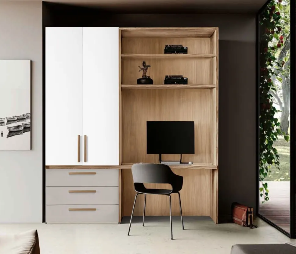 Zona studio moderna con armadio 2 ante, scrivania e mensole in Bianco Opaco, Noce Biondo e Grigio Seta disponibile in 2 misure